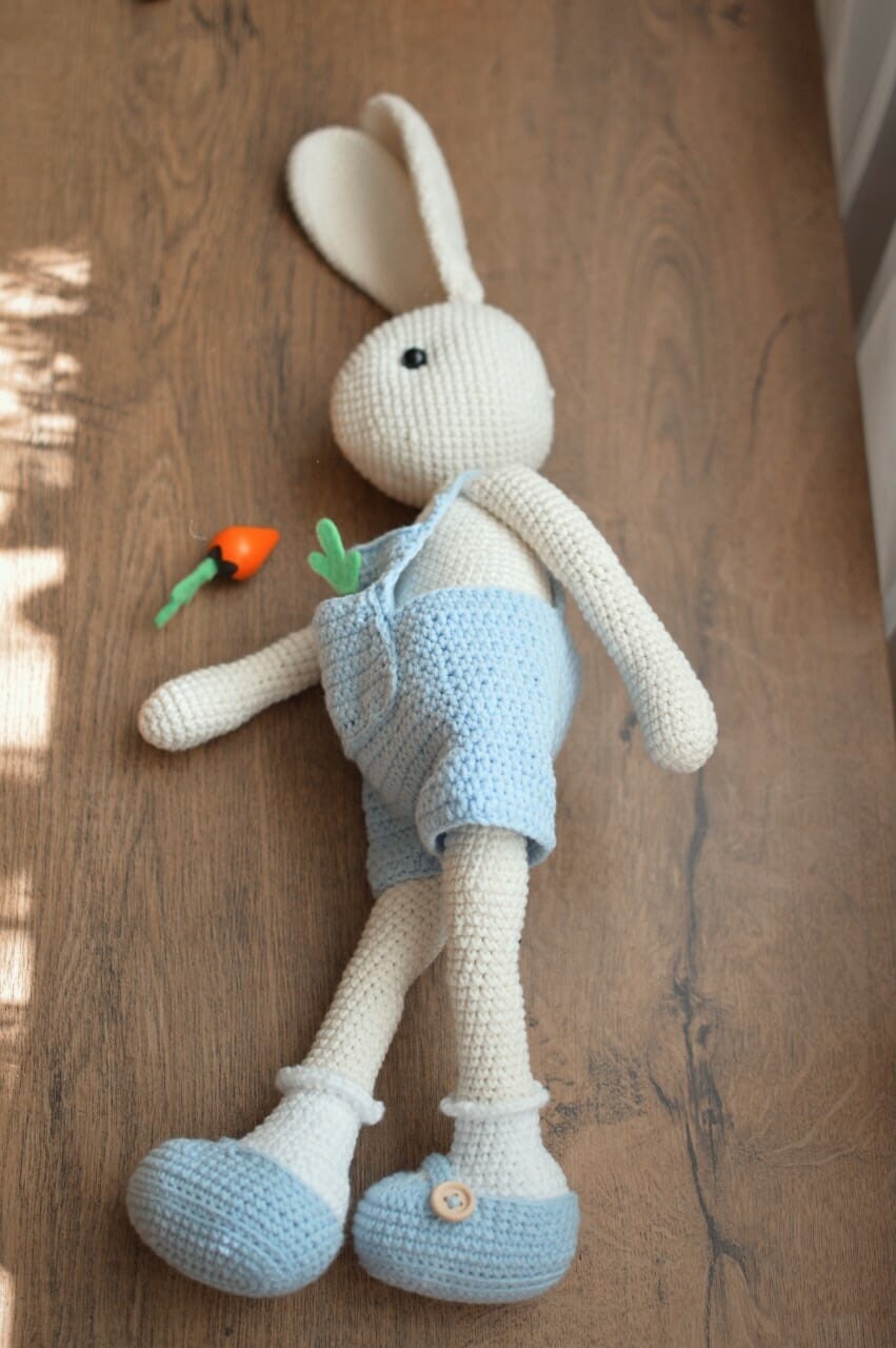 Bunny, Crochet Long Legs Rabbit With Salopette Overall, Crochet Toy for ...