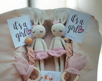 Twin bunny toys, Twins baby gift set,  twin mom gifts, twins pregnancy announcement, twins baby shower, twin girls