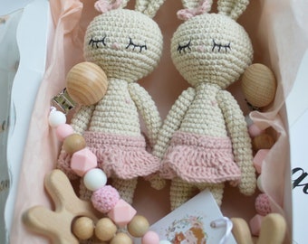 Twin bunny toys, Twins baby gift set,  twin mom gifts, twins pregnancy announcement, twins baby shower, twin girls