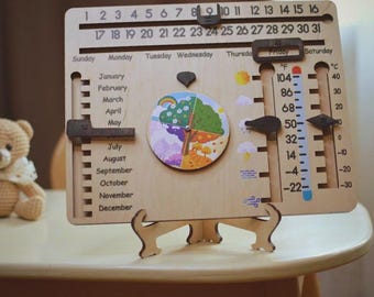Back to School Wooden Calendar for Kids Educational Weather Seasons Chart Montessori-Inspired Learning Gift for Toddlers and Preschoolers