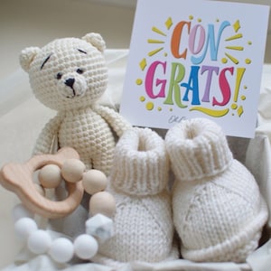 Gender reveal gift box with white teddy toy It's a baby Shower Gift basket for baby boy or girl Congratulations pregnancy gift for new mom