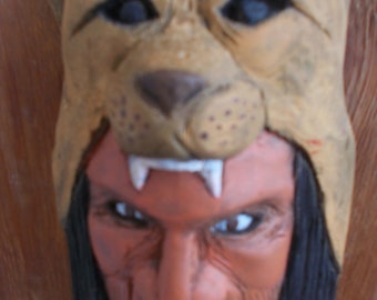 Masque Puma démon sorcier curandero tête de chaman Runapuma démoniste sculpture sur bois Pérou