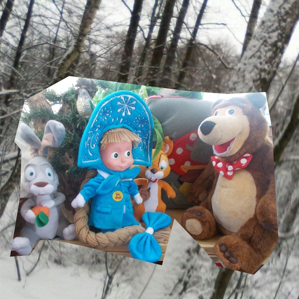 Kit New Year with musical Masha Snegurochka speaking, the Bear, Squirrel and Hare inspired by Masha and the Bear cartoons Bear gift child