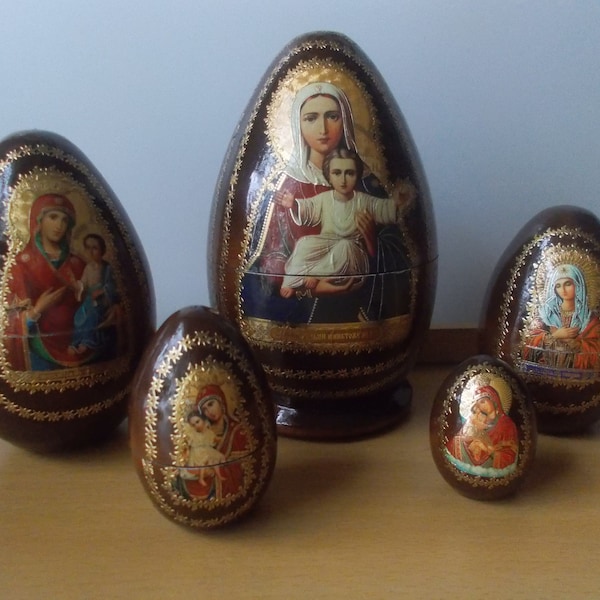 Matrioshka religieuse, poupées gigognes en forme d’œuf, icônes byzantines Theotokos, Vierge Marie de Kazan, cadeau de Pâques.