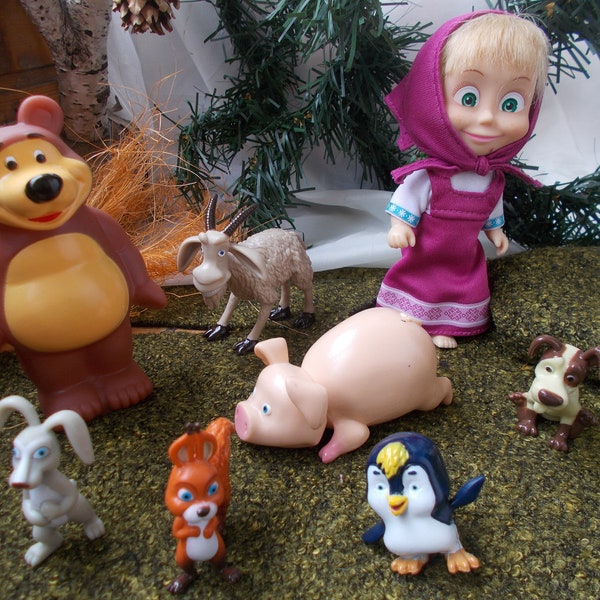 EDUCATION SET based on  Masha and the Bear, kit of figures of Masha doll, the Bear, Marsha’s Friends, Marsha’s pets, Pig, Dog terrier, Goat