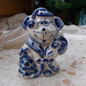 Céramique trois petits cochons loup figurines collection de Noël poterie naturelle sac cadeau russe Gzhel porcelaine Blue pig