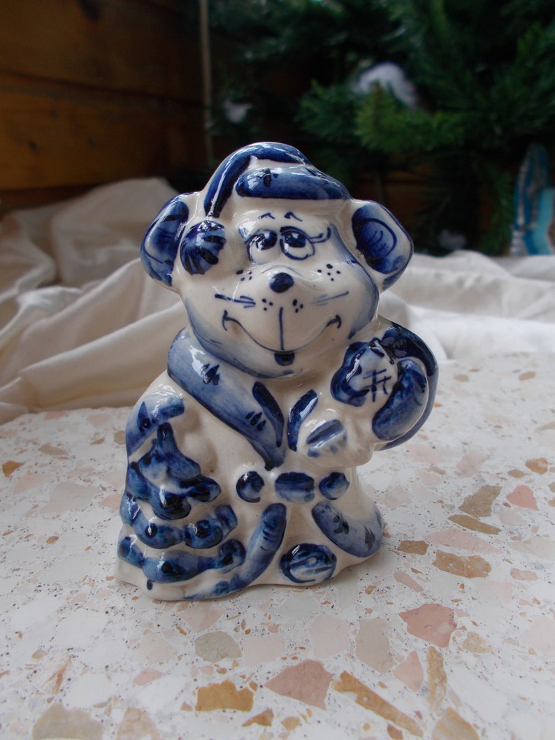 Céramique trois petits cochons loup figurines collection de Noël poterie naturelle sac cadeau russe Gzhel porcelaine Blue pig