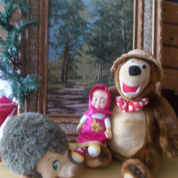 QUEST GAME SET  Masha doll, plush  Masha, plush big  Bear in hat, plush  hedgehog sings personage Masha and the Bear.