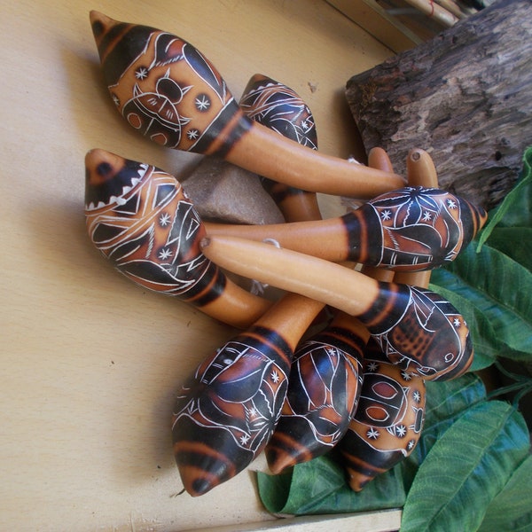 Pair of gourd maracas from Peru, indigenous percussion instrument, Latin music, baby rattle, hand decorated, lucky maracas