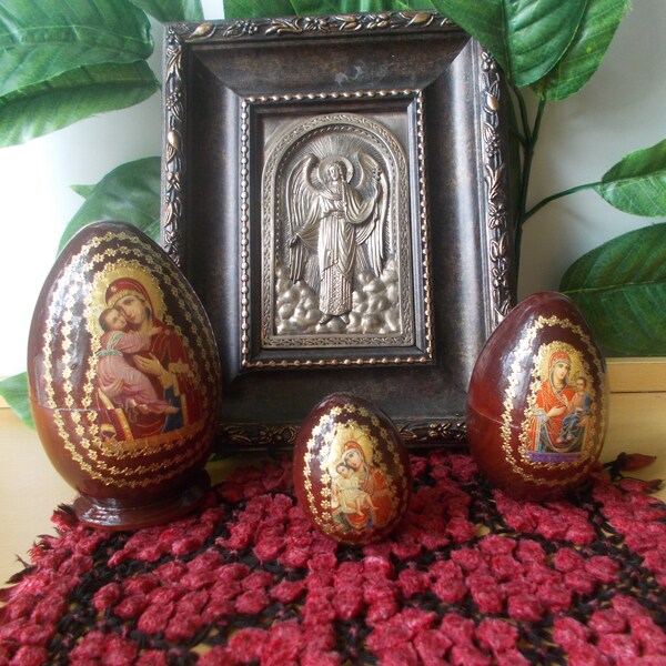 Easter matrioshka,  3 Egg -shaped orthodox nesting dolls, Theotokos Virgin of Vladimir icon,  Mother of God, eastern Christianity, gift.