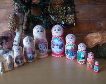 Russian  Matrioshka,  5 nesting dolls,  wooden  matruska  babushka mamuska,  winter  miniature,  Christmas Gift  for  mom, grandy