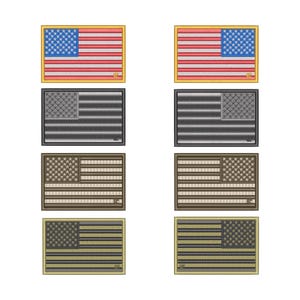 Puede incluir: Una colección de parches bordados de la bandera estadounidense en varios esquemas de color. Los parches presentan el diseño de estrellas y rayas, con opciones que incluyen el rojo, blanco y azul tradicionales, así como variaciones en negro, gris y beige. Cada parche tiene forma rectangular.