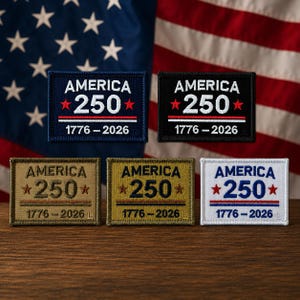 Colección de parches para la celebración del 250 aniversario de Estados Unidos: Parches bordados de 2x3 con cierre de velcro.
