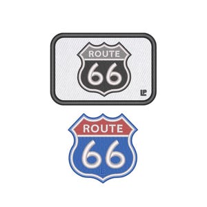 May include: A rectangular white embroidered patch with a black border featuring a black Route 66 shield logo, and a separate shield-shaped embroidered patch with a red top section, blue bottom section, and white Route 66 text and numbers.