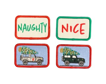 Christmas Collection Patches: Naughty, Nice, Land Rover Defender Hook & Loop 2x3 Loyalty Patch