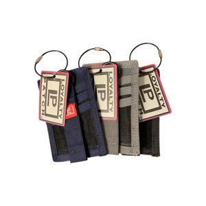 May include: Four small wallets in navy, grey, and black, each with a metal ring and a tag that reads "LOYALTY PATCH" and "IP". The wallets have a simple, minimalist design.