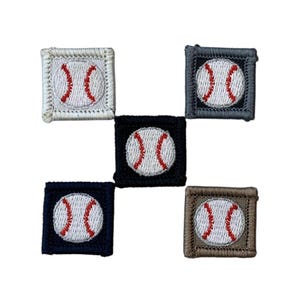 May include: Five square baseball patches. Each patch features a white baseball with red stitching, centered on a square background. The backgrounds are white, gray, black, navy blue, and brown. The patches are embroidered.