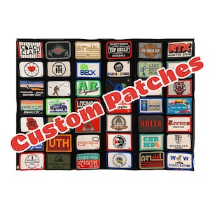 May include: A collection of custom embroidered patches featuring various logos, designs, and text. The patches are arranged in a grid on a black background.