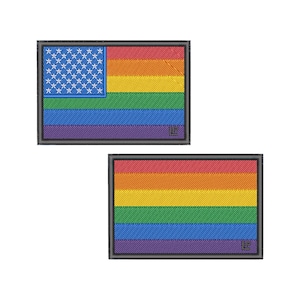 May include: Two embroidered patches, one with the American flag and a rainbow stripe, and the other with a rainbow stripe only.