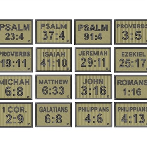 May include: A collection of sixteen rectangular olive green patches featuring black embroidered text of various Bible verses including Psalm 23:4, Proverbs 3:5, Isaiah 41:10, John 3:16, and Philippians 4:13. Each patch has a distinct vertical ribbed texture.