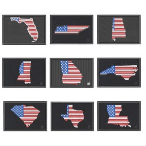 May include: A collection of nine rectangular embroidered patches, each featuring the outline of a different U.S. state filled with a red, white, and blue American flag pattern. The patches are set against a dark gray background with a subtle texture.