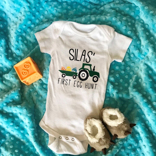 Custom First Egg Hunt Easter Baby Bodysuit | Personalized Egg Hunt Baby Outfit | Tractor and Farming Eggs Easter Baby