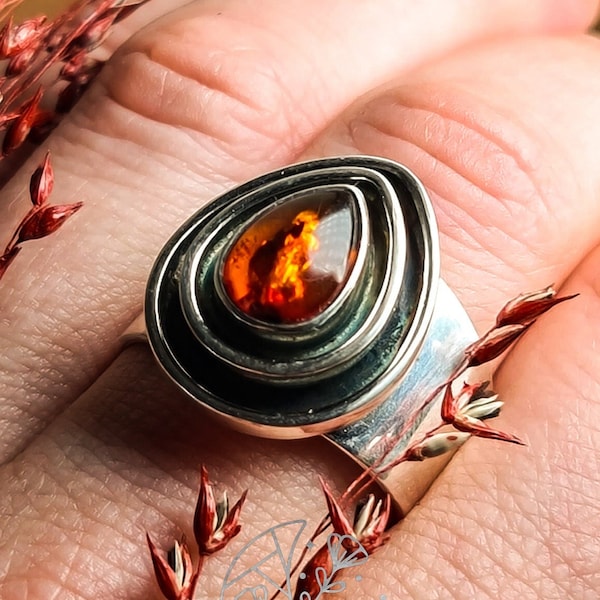 Amber Ring - Statement Ring - Solid 925 Sterling Silver Boho Ring - Unique Stylish Handmade Ring - Gemstone Ring - Thick Band Ring