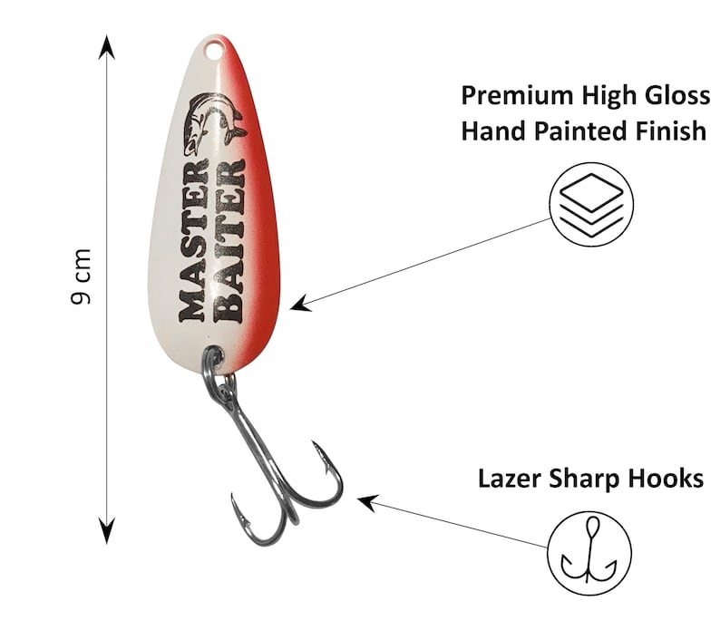 May include: A white and red fishing lure with the text "Master Baiter" printed on it. The lure has a treble hook and measures 9 cm in length. It features a premium high gloss hand painted finish and lazer sharp hooks.
