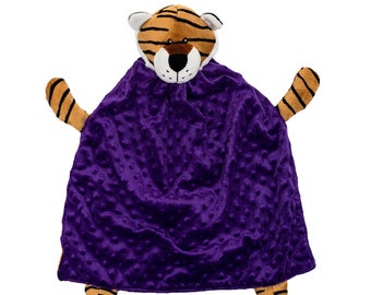 Cuddle Baby Purple Tiger, handmade, plush, baby shower gift, newborn, toddler gift, unisex, LSU gift, embroidered eyes, tail, super soft