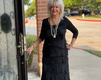 Black Silk Ruffle Dress Made in Italy ONE SIZE