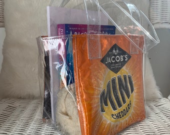 Upcycled Mini Cheddars packet/ wrapper clear vinyl/ pvc tote / shopping/ lunch bag