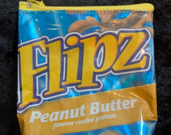 Upcycled white fudge / peanut butter Flipz pretzels packet/ wrapper coin purse/ zippy bag/ pouch