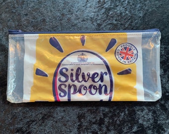 Upcycled Silver Spoon caster sugar packet/ wrapper pencil case/ makeup bag/ zippy pouch