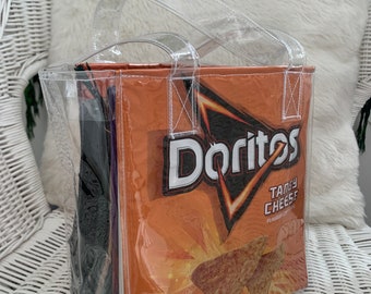 Upcycled Doritos tangy cheese packet/ wrapper clear vinyl/ pvc tote / shopping/ lunch bag