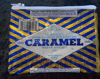 Upcycled Tunnock’s dark chocolate caramel wafer biscuit packet/ wrapper coin purse/ zippy bag/ pouch