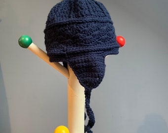 handmade crochet navy blue toddler / child bobble ear flap hat