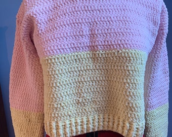 Super soft handmade crochet chunky cropped pastel pink & yellow jumper size 8/10
