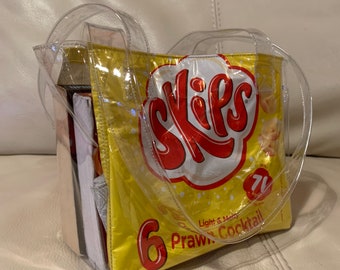 Upcycled Skips prawn cocktail packet/ wrapper clear vinyl/ pvc tote / shopping/ lunch bag