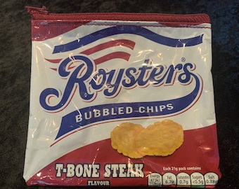 Upcycled Royster’s Bubbled Chips T-Bone steak crisp packet/ wrapper coin purse/ zippy bag/ pouch