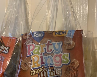 Upcycled Fox’s Party Rings choc minis packet/ wrapper clear vinyl/ pvc tote / shopping/ lunch bag