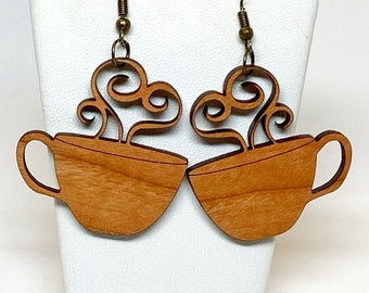 Fresh Brewed Coffee/Tea Love Wood Earrings, French hook, bronze tone metal, Modern Bohemian