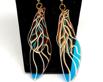 Fairy / Dragonfly Wings Iridescent Acrylic Earrings, French hook, goldtone metal, rainbow,  color change