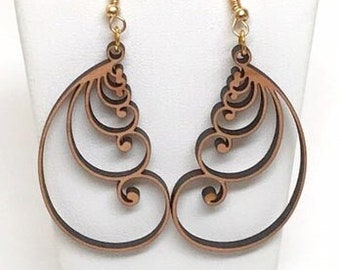 Stacked Golden Ratio Wood Earrings, French hook, goldtone metal, Fibonacci Spiral, Math in Nature