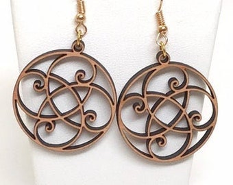 Interconnecting Golden Ratio Wood Earrings, French hook, goldtone metal, Fibonacci Spiral, Math in Nature