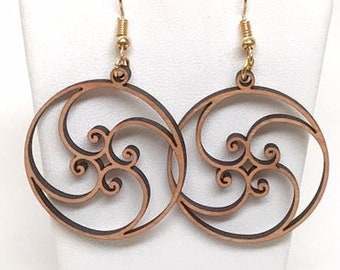 Golden Ratio Wood Earrings, French hook, goldtone metal, Fibonacci Spiral, Math in Nature
