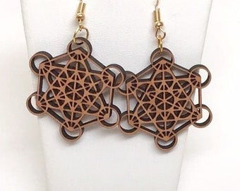 Metatron's Cube, Sacred Geometry Wood Earrings, French hook, bronze tone metal, metaphysical, spiritual