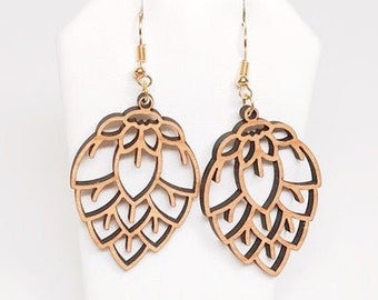 Homegrown Hops Blossom Craft Beer Earrings, French hook, goldtone metal, Cherry finish