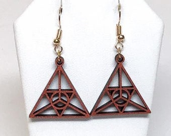 Copper Sacred Geometry Earrings, Wood Triad Alchemy Design