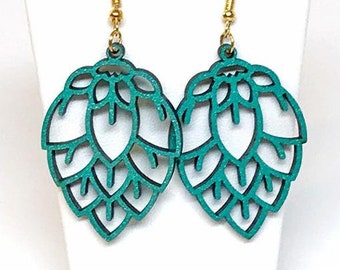 Homegrown Hops Blossom Craft Beer Earrings, French hook, goldtone metal, metallic teal finish