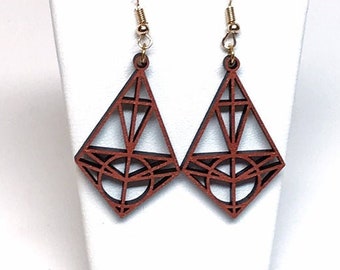 Sacred Geometry Wood Earrings, Copper Diamond Design, Metaphysical Jewelry